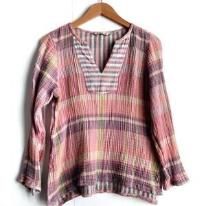 Soft Surroundings 100% Cotton Gauze Fabric Muslin Plaid Top Tunic size PS